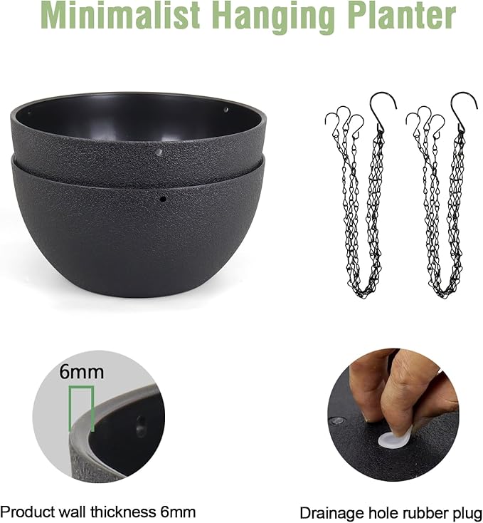 Meowell 8 inch Small Hanging Planters Plant Pots for Indoor Outdoor Plants, 2 Pack Hanging Flower Pots with Drainage Holes and Chain for Garden Porch, Plastic Hanging Baskets for House Plants, Black