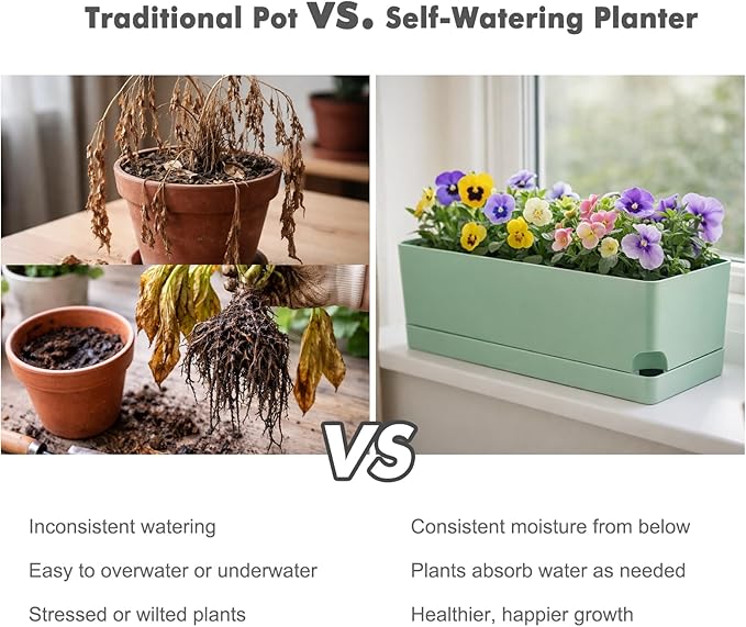Party Zealot Window Boxes Planters, 5 Pack Self Watering Pots for Indoor Plants 17 Inch Rectangular Planter Rectangle Flower Pots Long Plant Pot Large Window Sill Herb Planter Box, Green