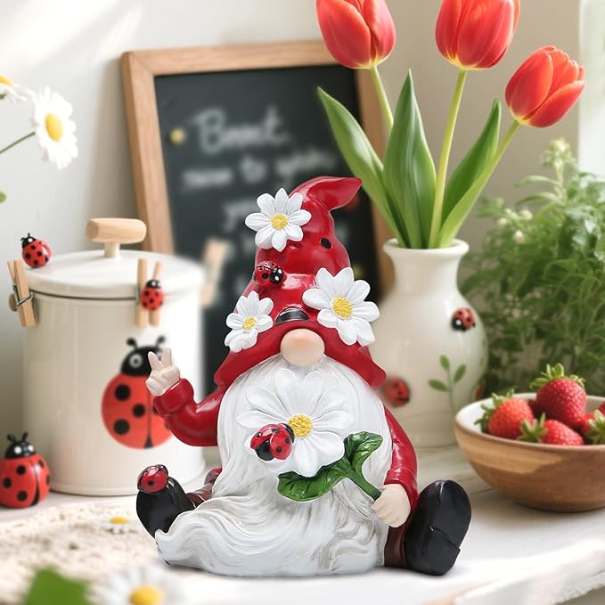 Hodao Ladybug Spring Gnomes Decorations for Home Table, Porch, Garden Yard Ladybug Elf Ornaments Decor Spring Gnome Figurines Decor for Outdoor Garden Birthday Gifts for Mom, Grandma