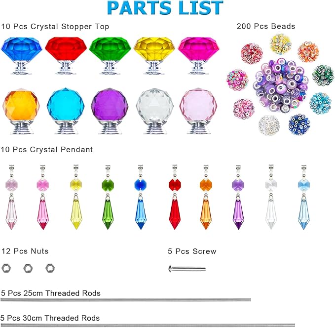 Exway 247 PCS DIY Fairy Wand Beaded Garden Stake Kits with Assortment Large Hole Beads 10 Crystal Stopper Top Threaded Rods and Sparkling Crystal Pendants for Outdoor Indoor Decor