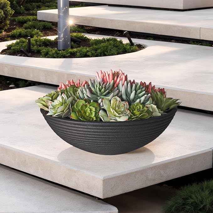 TerraDeco 18 - inch Handmade Classic Bowl - Concrete Planter (2 Packs | Concrete Composite | Ideal for Succulents, Courtyard Pillars & Staircase Corners