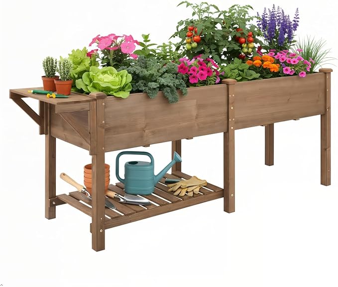 PetsCosset Raised Garden Bed, Storage Shelf, Protective Liner, Table Ledge,Outdoor Garden Bed with Legs for Vegetable, Herb, and Flower Cultivation-Brown (Extension)