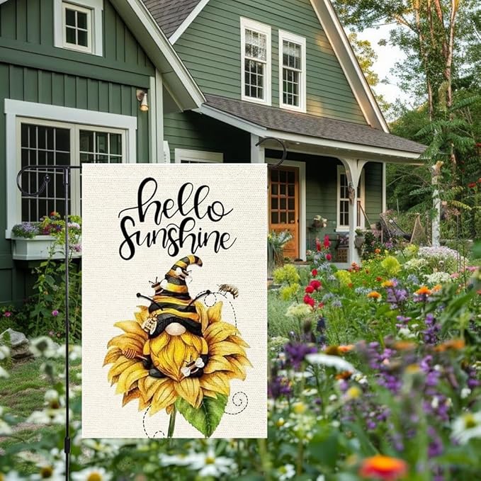 Welcome Sunshine Garden Flag 12x18 Inch Double Sided Small Burlap Gnome Sunflower Garden Flags Decor Home Yard Lawn Holiday Outdoor Decorations
