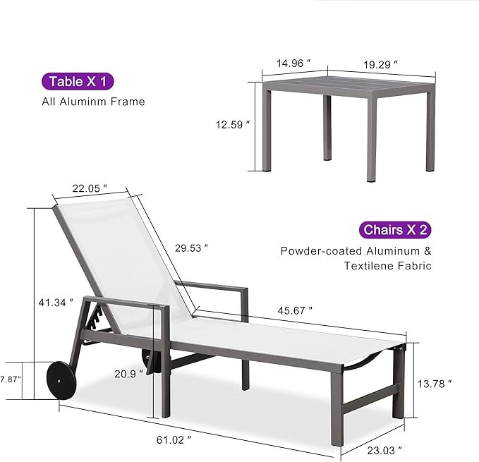 PURPLE LEAF Outdoor Chaise Lounge Set for 2 Aluminum Patio Chaise Lounger Chairs with Armrest and Wheels Adjustable Pool Chaise Lounge Chair for Beach Yard Poolside Table Included, White