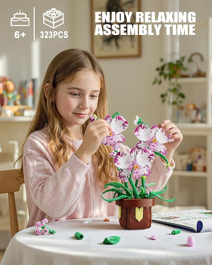 Flowers Botanicals Orchid Building Set - Artificial Flower Building Blocks for Adult Women, Bonsai Plants Indoor Home Office Desk Decor Christmas Birthday Gift for Adults Kids Girls 6-12 (323 PCS)