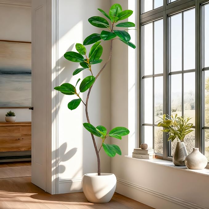 5.2FT Artificial Rubber Tree Faux Plants Indoor Faux Floor Artificial Trees Indoor,Fake Plant Fake Tropical Plants,Large Floor,Real Touch Rubber Tree for Home Decor