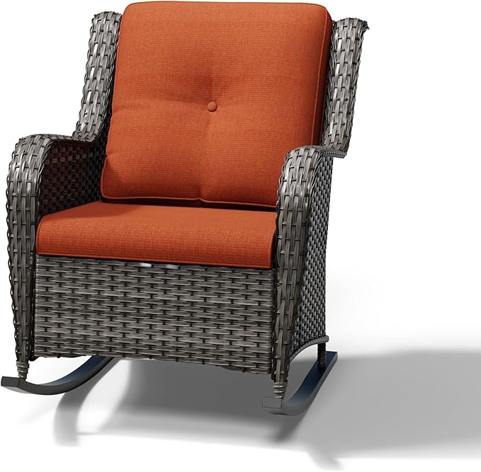 Joyside Outdoor Rocking Chair, Wicker Patio Furniture with High Back, Deep Seating, Wide Armrest, Thickened Cushions, Outdoor Rattan Furniture for Deck, Porch Use