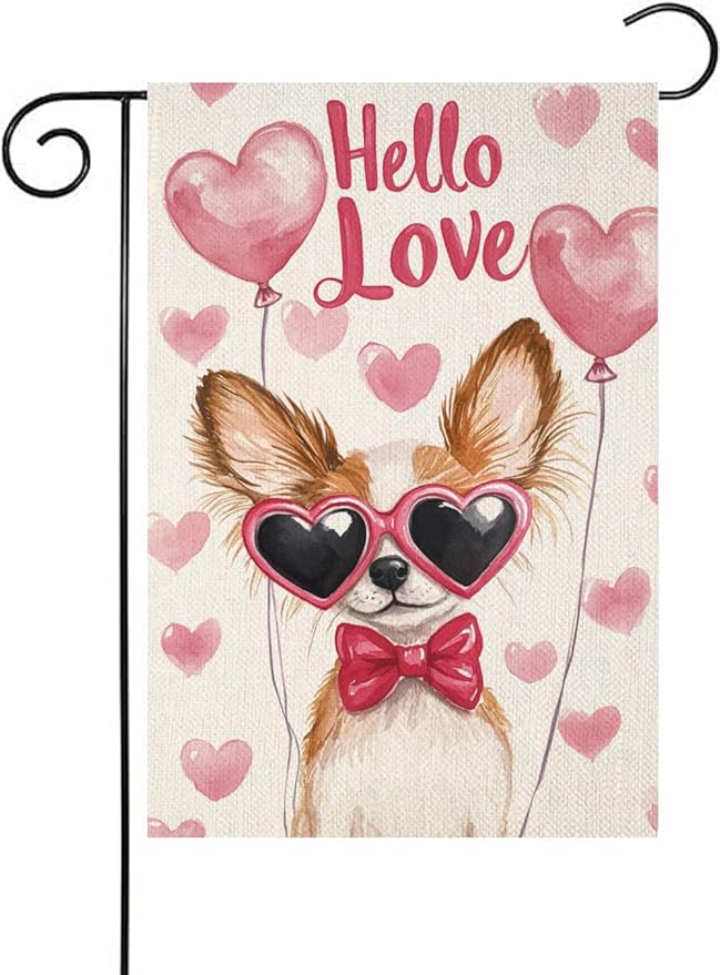 Valentine's Day Papillon Hello Love Garden Flag, House Yard Plaid Love Heart Outside Decoration, Spring Holiday Wedding Anniversary Outdoor Small Decor 12x18(12632)