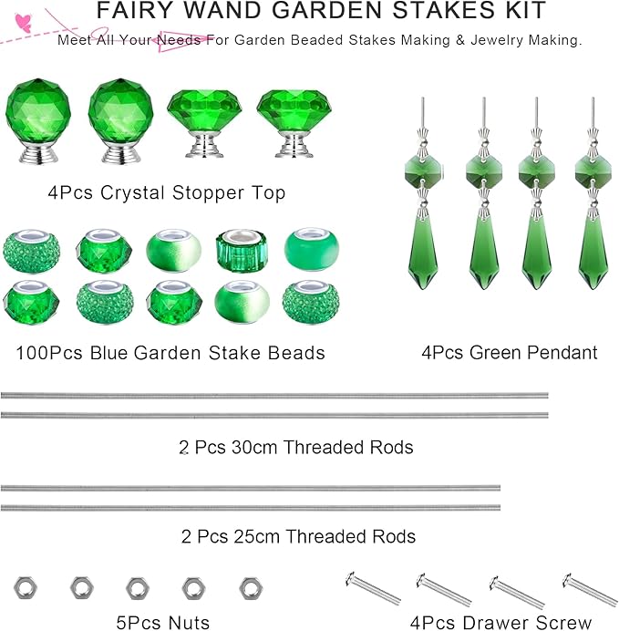 121 Pcs DIY Fairy Wand Beaded Garden Stakes Kit, Fairy Wands Garden Kit Deep Green Large Hole Bead with Pendants Crystal Stopper Top Threaded Rod Beaded Garden Stakes Supplies for Outdoor Decorative