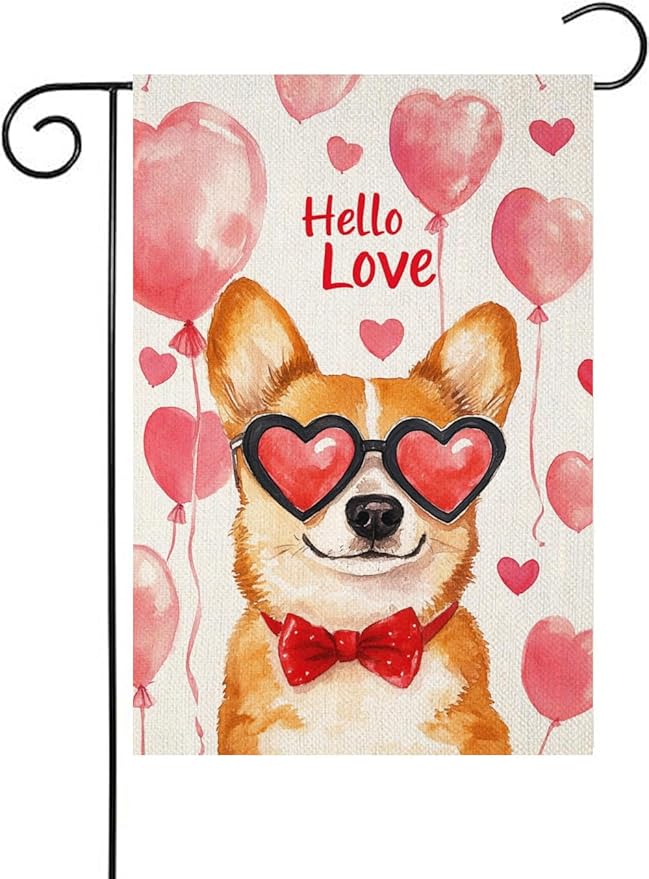 Valentine's Day Welsh-Corgi Hello Love Garden Flag, House Yard Plaid Love Heart Outside Decoration, Spring Holiday Wedding Anniversary Outdoor Small Decor 12x18(12648)