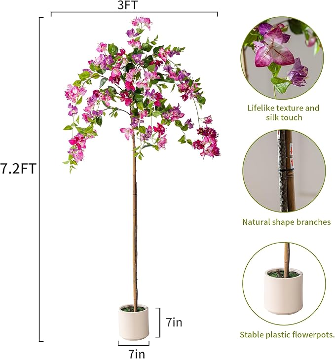 7.2FT Artificial Bougainvillea Tree Artificial Tree Tall Potted Fake Bougainvillea Trees for Outdoor Indoor Lifelike Potted Faux Plants with Wood Trunk and Flowers Office Wedding Home Decor