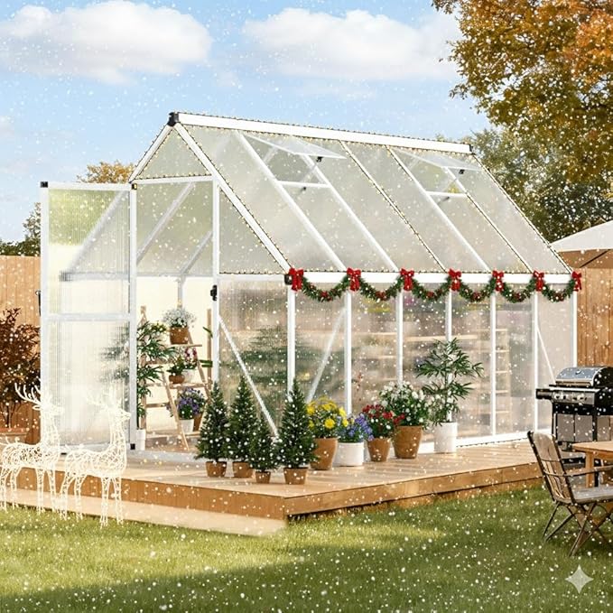 IDEALHOUSE 6x11 FT Greenhouse for Outdoors, Lockable Door and Ajustable Roof Vent, Polycarbonate Greenhouse with Windproof Aluminum Frame, Aluminum Walk-in Greenhouses, for Backyard, Lawn