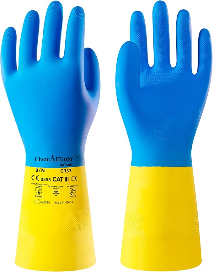 Neoprene and Rubber Blend Heavy-Duty Chemical Gloves, Protective industrial gloves for Resist Acid, Alkali, Hazmat, cleaning, dishwashing, Large
