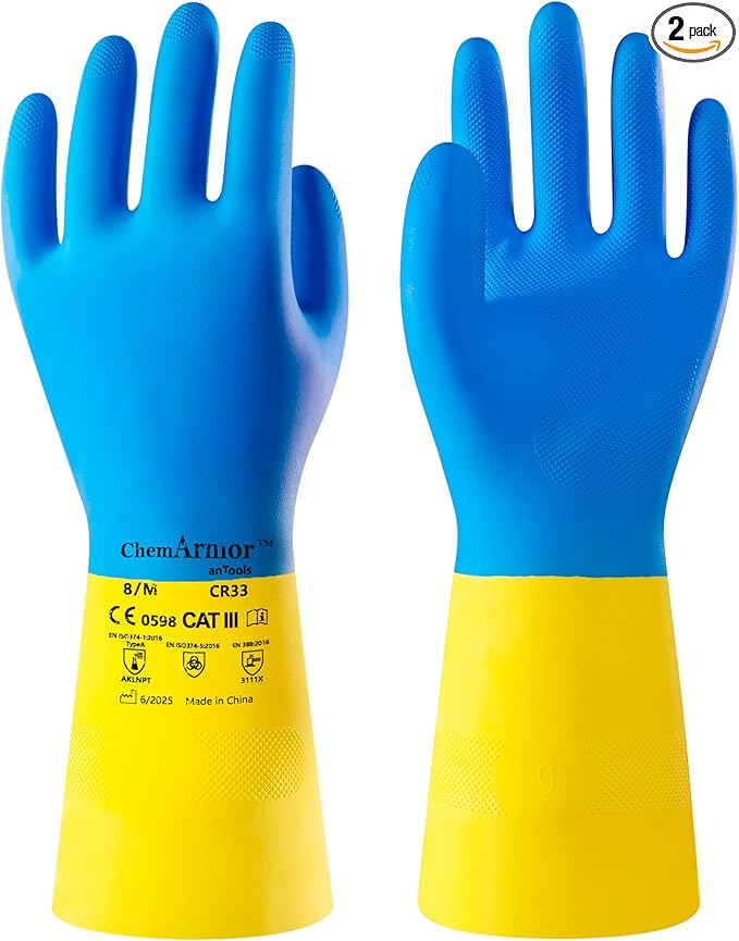 2 Pairs Neoprene and Rubber Blend Heavy-Duty Chemical Gloves, Protective industrial gloves for Resist Acid, Alkali, Hazmat, cleaning, dishwashing, Large