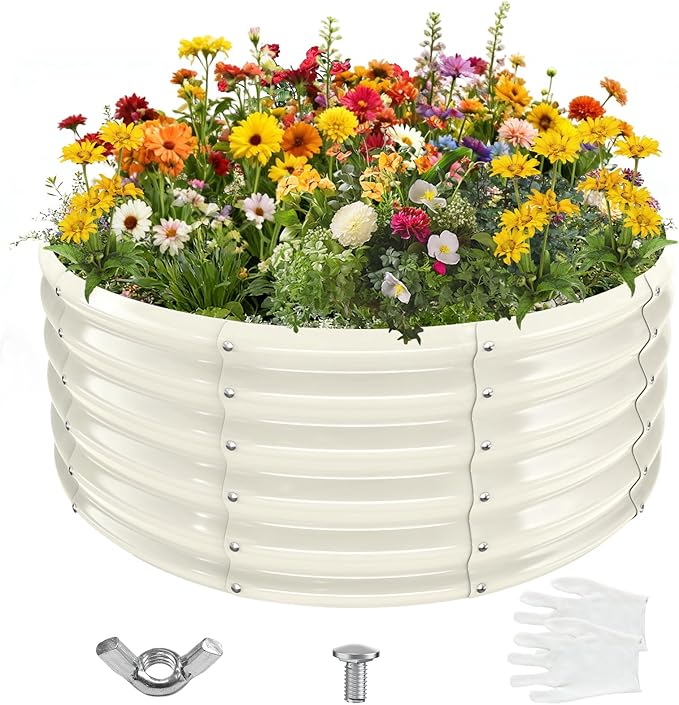 17" Tall Round Outdoor Garden Raised Garden Bed Kits-0.8MM Thick Metal Raised Planter Bed/Ground Planter Box for Variety of Flowers,Herbs,Vegetables,Trees (Cream White, 40 Dia X 16.5 inches)
