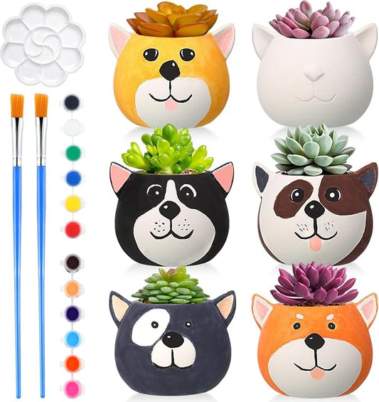 Pasimy 6 Set Ceramics to Paint DIY Ceramic Succulent Planter Pots Paint Your Own Flower Pots Craft Kit Unpainted Bisque Flowerpot with Brush Palette for Family Activity Holiday Gifts(Dog)