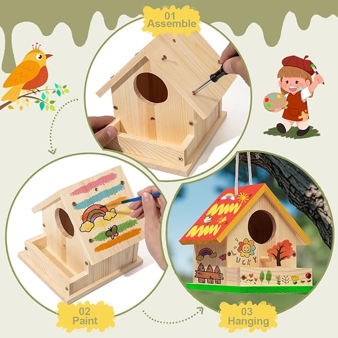 4 Sets Wooden Birdhouse Kit for Outdoor DIY Paint Your Own Wood Kid Art Craft Outdoor Birdhouse Kit Hanging Bluebird Cardinals for Spring Summer STEM Projects