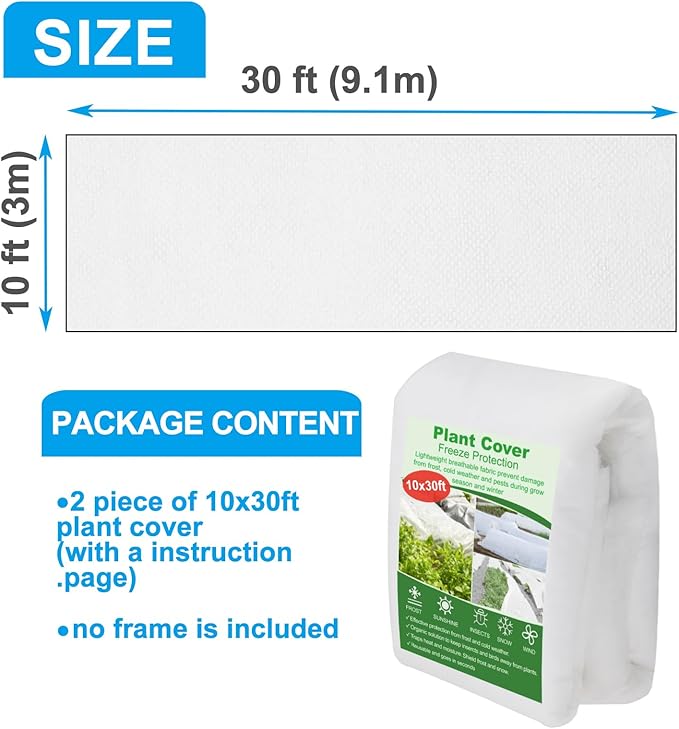 NONMON 2 Pack Plant Covers Freeze Protection 10 x 30FT 1.2oz Frost Cloths Forst Blankets for Winter Floating Row Cover Frabic Plant Cover for Outdoor Vegetables Garden