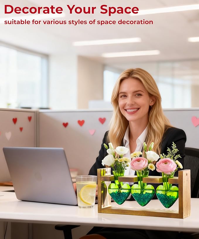 Nacome Plant Terrarium Propagation Stations: Valentines Day Gifts for Her Plant Lovers Women Mom Wife Daughter - 3 Bulb Glass Vase with Wooden Stand Tabletop for Hydroponics Indoor Home Decor(Green)