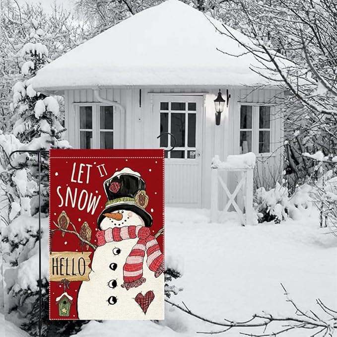 Let It Snow Snowman Snowflake Winter Christmas Garden Flag 12x18 Inch Double Sided Burlap, Cardinal Red Farmhouse Yard Outdoor Decorative Flag (RMQ46)