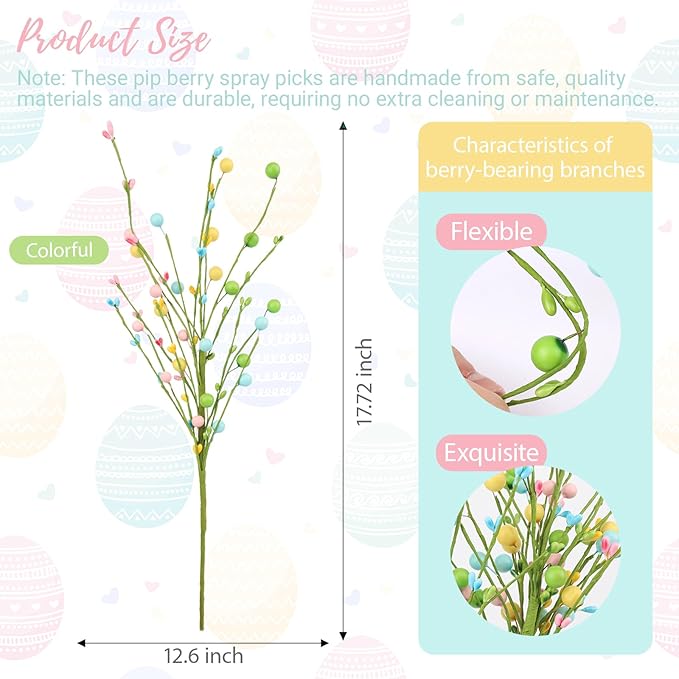 4 Pcs Artificial Easter Flowers Pastel Pip Berry Stems Spring Pip Berry Picks for Home Party Vase Flower Arrangement Centerpiece Easter Egg Decor