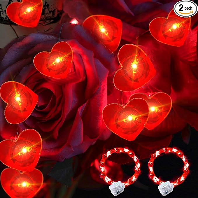 pozzolanas 2 Pack Red Heart Led Fairy Lights Battery Operated String Lights, 7 ft 20 LED Waterproof Firefly Light on Silver Wire for Home Party Wedding Valentines Decorations