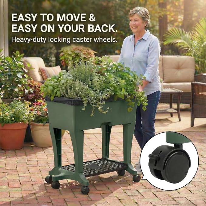 EarthBox Raised Garden Bed with Legs – Elevated Self Watering Planter Box with Wheels, Storage Shelf, Premium Plant Food, Easy Assembly, Made in USA, Dark Green