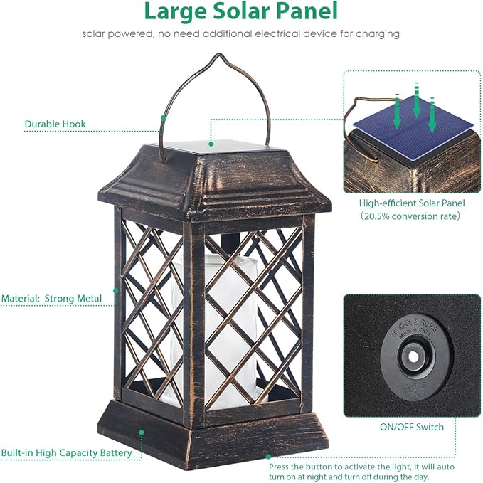 TomCare Solar Lights Outdoor Flickering Flame Metal Solar Lantern Outdoor Hanging Decorative Lanterns Heavy Duty Waterproof Umbrella Decorations Lighting for Patio Garden Deck Yard, 2 Pack (Bronze)