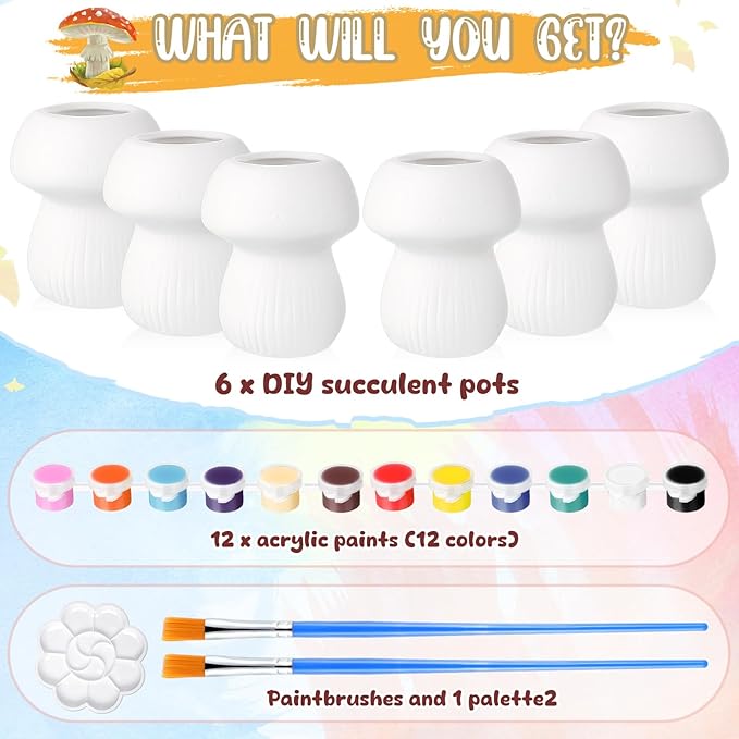Pasimy 6 Set Ceramics to Paint DIY Ceramic Succulent Planter Pots Paint Your Own Flower Pots Craft Kit Unpainted Bisque Flowerpot with Brush Palette for Family Activity Holiday Gifts(Mushroom)