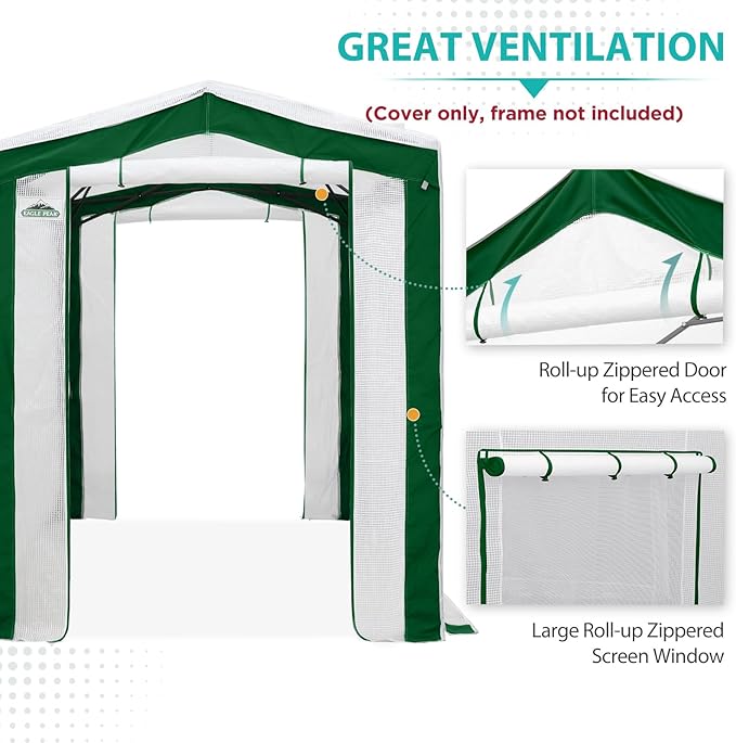 EAGLE PEAK Replacement Cover for 8x6 Pop up Greenhouse with Polyester Reinforced Corners, Front and Rear Roll-Up Zipper Entry Doors and 2 Roll-Up Side Windows (Frame Not Included), Green/White