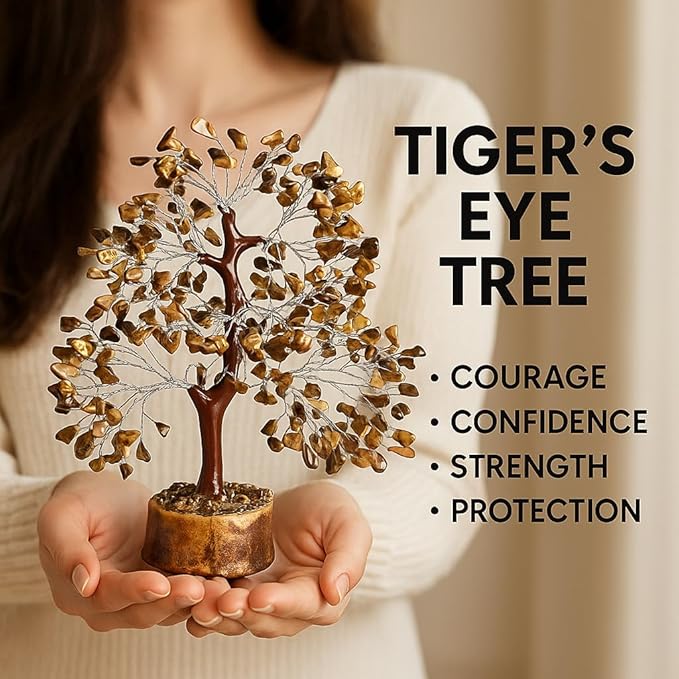 Crystal Tree of Life - tiger eye silver Healing Crystal for Home & Office Decor | Handmade Gemstone Money Tree for Positive Energy, Good Luck & Wealth | Spiritual Birthday Gift for Women & Mom