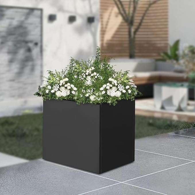 16~32inch Steel Planter Square Outdoor Planters Box Indoor Metal Large Planters Cube, Heavy Duty Flower Pot Modern for Commercial Residential Home Garden Porch Hotel Patio (Black, 20×20×20in)