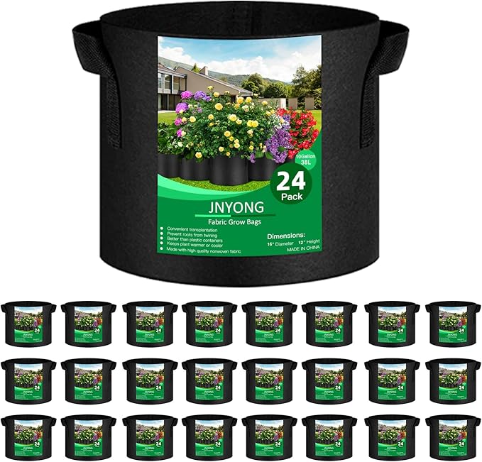 JNYONG 24-Pack 10 Gallon Thickened Non-Woven Grow Bags, Aeration Fabric Pots with Handles