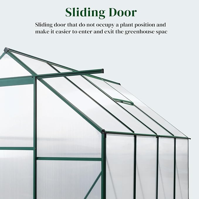 VINGLI Greenhouse, 6x8 FT Heavy Duty Polycarbonate Greenhouse with 5 Roof Vents, Aluminum Frame, Sliding Doors, Green
