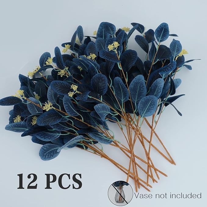 20" Silk Artificial Eucalyptus Stems, 12Pcs Fake Eucalyptus Stem with Leaves Berries, Greenery Plants Floral Decorations for Wedding Party Flower Arrangement Home Decor (Navy Blue)