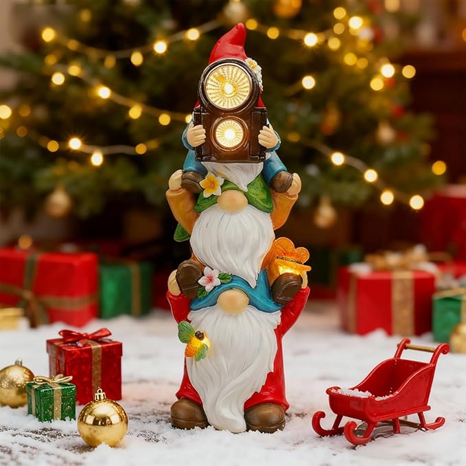 Funny Photography Garden Gnomes Statue, Solar Christmas Gnomes Outdoor Decor for Yard, Lawn, Patio, Porch, Unique Xmas Birthday Housewaming Gifts,12 Inch, Resin