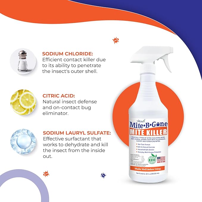 Mite Killer Spray by Mite-B-Gone - 32oz | Plant-Based Treatment for Human, Dust, Chicken, Bird, Carpet & Rat Mites in Homes, Furniture & Bedding | Farm, Family & Pet Safe
