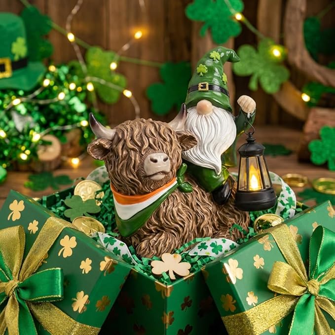 TERESA'S COLLECTIONS St Patricks Decorations for Outdoor Decor,Gnomes Resin Riding Highland Cow and Holding Lantern with Solar Lights for Outside,Shamrock Leprechaun Figurine, Irish Gifts,8.7"
