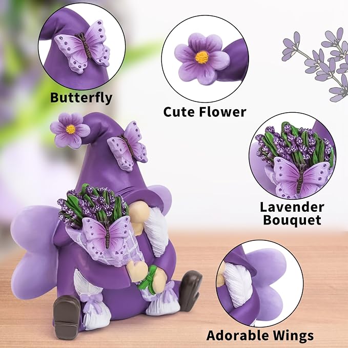 Spring Decor Lavender Gnomes, Fairy Garden Gnomes Resin Figurines Purple Home Decor Indoor Outdoor Spring Decorations, Lavender Gifts for Women