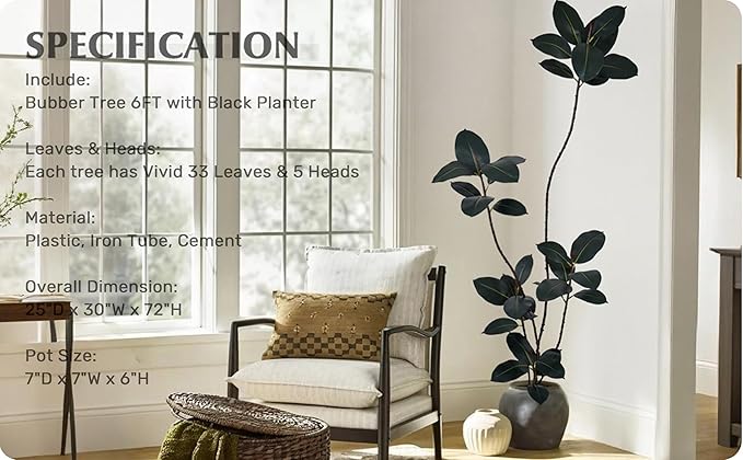 Artificial Rubber Tree 6FT with 33 Glossy Leaves & 5 Heads & Black Pot Cover with Coconut Fiber Realistic Tall Large Faux Tropical Ficus Elastica Plant 72 Inch for Indoor Home Modern Decor