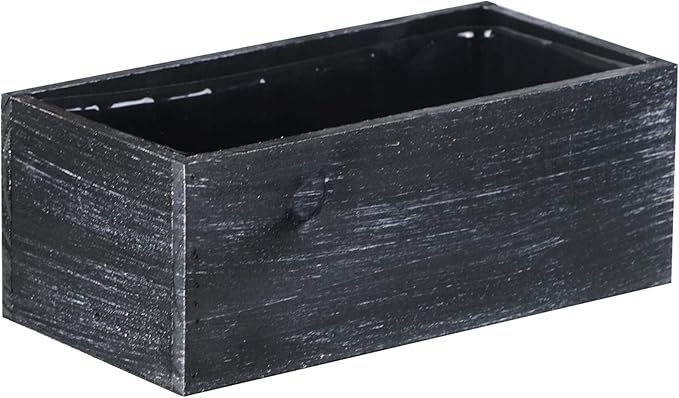 CYS EXCEL Small Natural Black Wood Rectangle Planter with Removable Plastic Liner (H:4" Open:10"x5") Country Rustic Indoor Decorative Box for Flower Succulent