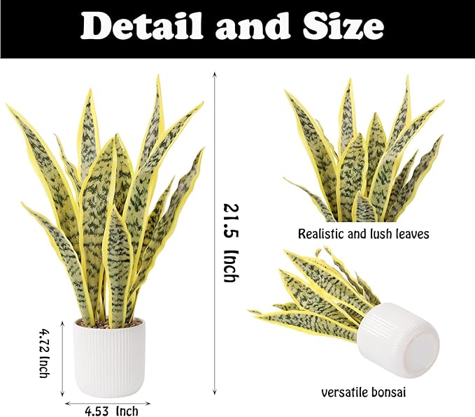 Artificial Realistic Snake Plant 21.5" with White Pot Fake Snake Plants Sansevieria Greenery Faux Snake Plant for Home Office Living Room Housewarming Gifts Indoor Decor-LightYellow