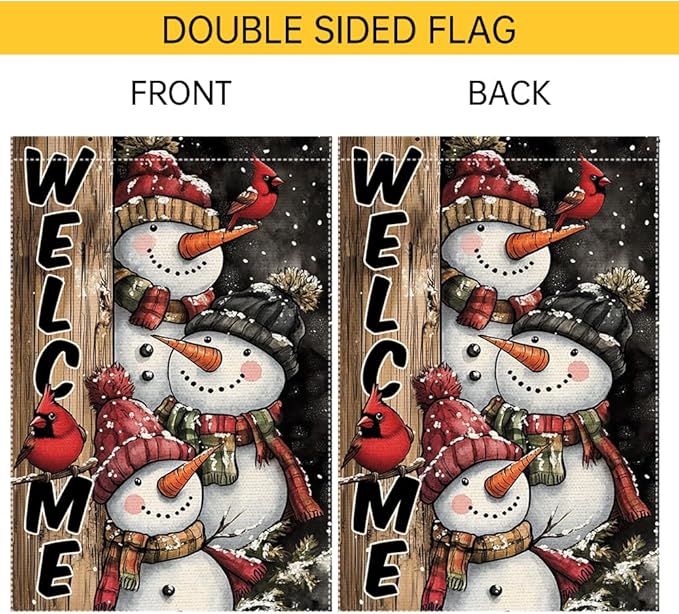 Winter Snowman Family Garden Flag Double Sided 12x18 Inch Small Burlap Outdoor Yard Decoration Holiday Welcome Banner with Cardinals