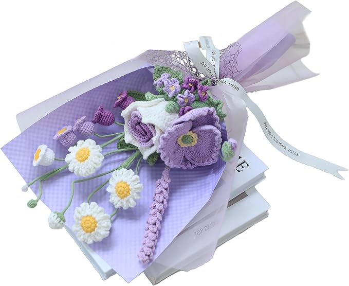 YOOJEE Crochet Purple Ombre Rose Tulip Bouquet Christmas Pet-Safe Handmade Knitted Florals for Women Coworkers Teachers with Greeting Card