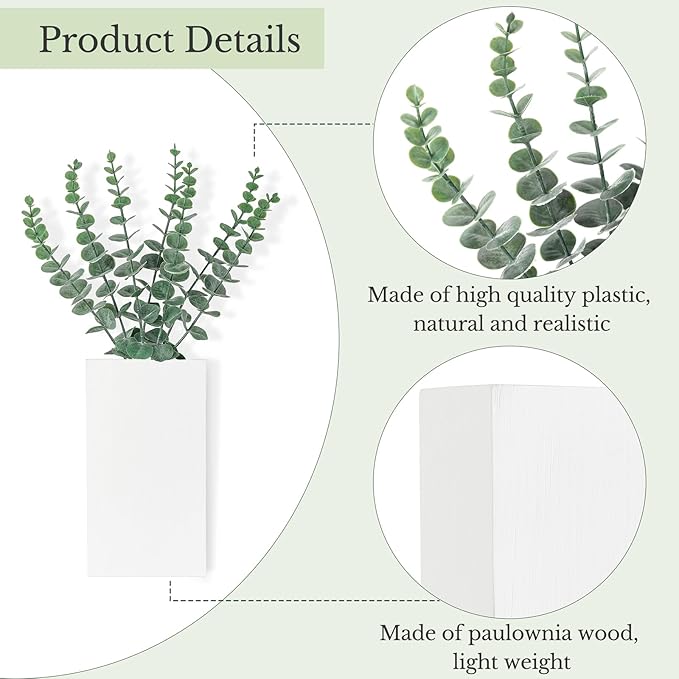 Dahey 2 Pack Wood Wall Planter Vase with Artificial Eucalyptus Farmhouse Wall Hanging Decor Pocket Planter for Indoor Fake Plants Greenery Flowers Living Room Bedroom Kitchen Home Decoration, White