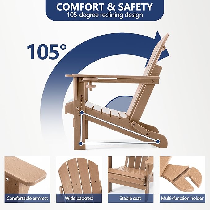 Folding Adirondack Chair Set with Side Table - HDPE Outdoor Patio Chairs, Weatherproof Chair with Reclining Back, Cup & Phone Holder, and 2-Tier Storage End Table for Firepit or Garden (Brown)