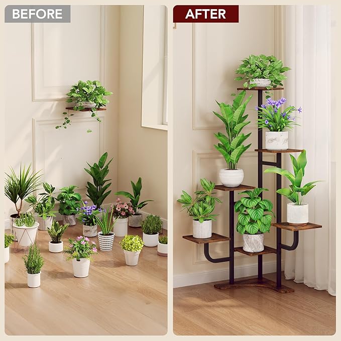 Homsorout Corner Plant Stand with Grow Light - 6 Tier Plant Stand Indoor Square Metal Plant Shelf with Adjustable Light, Plant Organizer for Living Room, Graden, Home Decor (Brown)