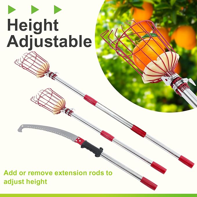 2-in-1 7 FT Pole Saw And Fruit Picker for tree Trimming and Fruit Harvesting, SK5 Blade and High Carbon Steel Fruit Picker For Cutting High Branches And Fruit Grabber, Stainless Steel Pole