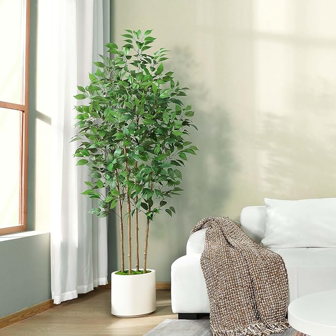 SOGUYI Ficus Artificial Tree 6ft Fake Silk Plant for Home Decor Indoor, Faux Floor Tree in White Imitation Ceramic Planter with Green Fake Moss for Home Office Corner Indoor Decor, Set of 1