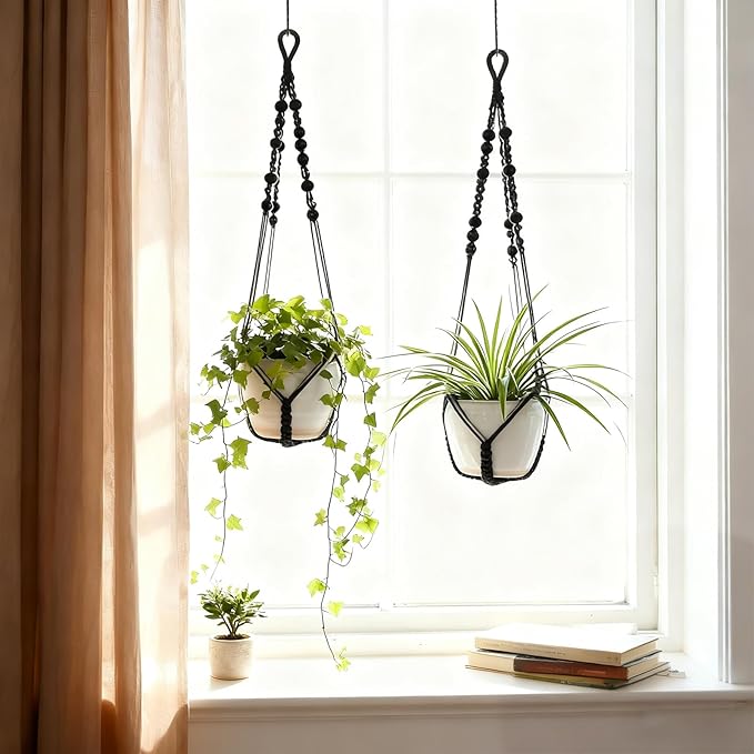 EJGIEGSO Macrame Plant Hanger, Up to 4-15 inch Pots, Wood Beads Cotton Hanging Planter Holder for Indoor Outdoor Boho Home Decor, 35 Inch, Set of 2 (Black)
